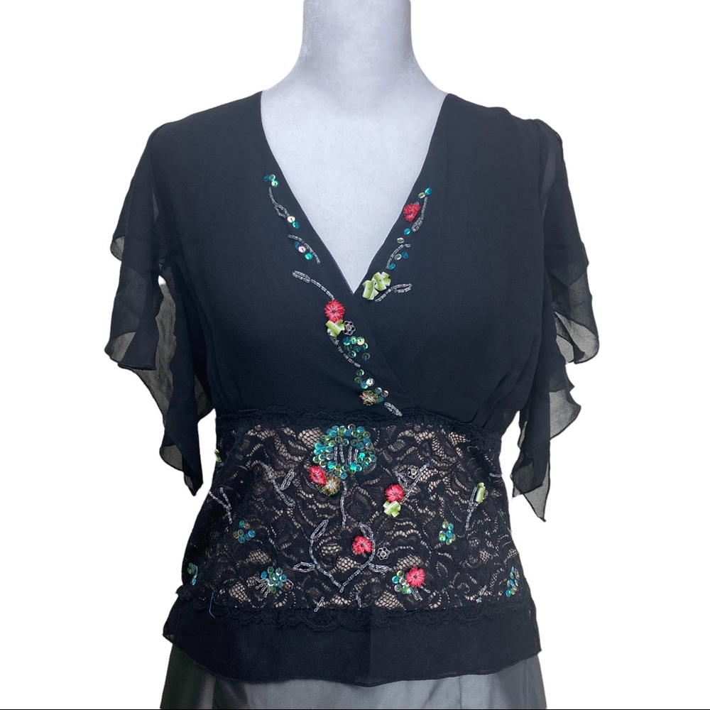 Embroidered Silk Embellished Sequin Beaded Ribbon Flutter Sleeve V-Neck Top LG